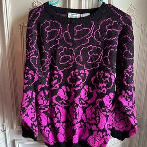 vintage Flamingo black & neon pink floral oversized sweater, women's size medium